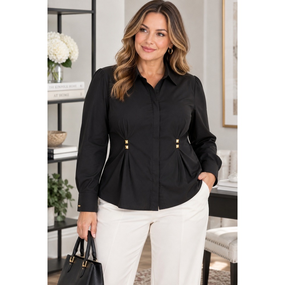 White House Black Market WHBM Size 18 Black Studded Pleat Button Down Blouse